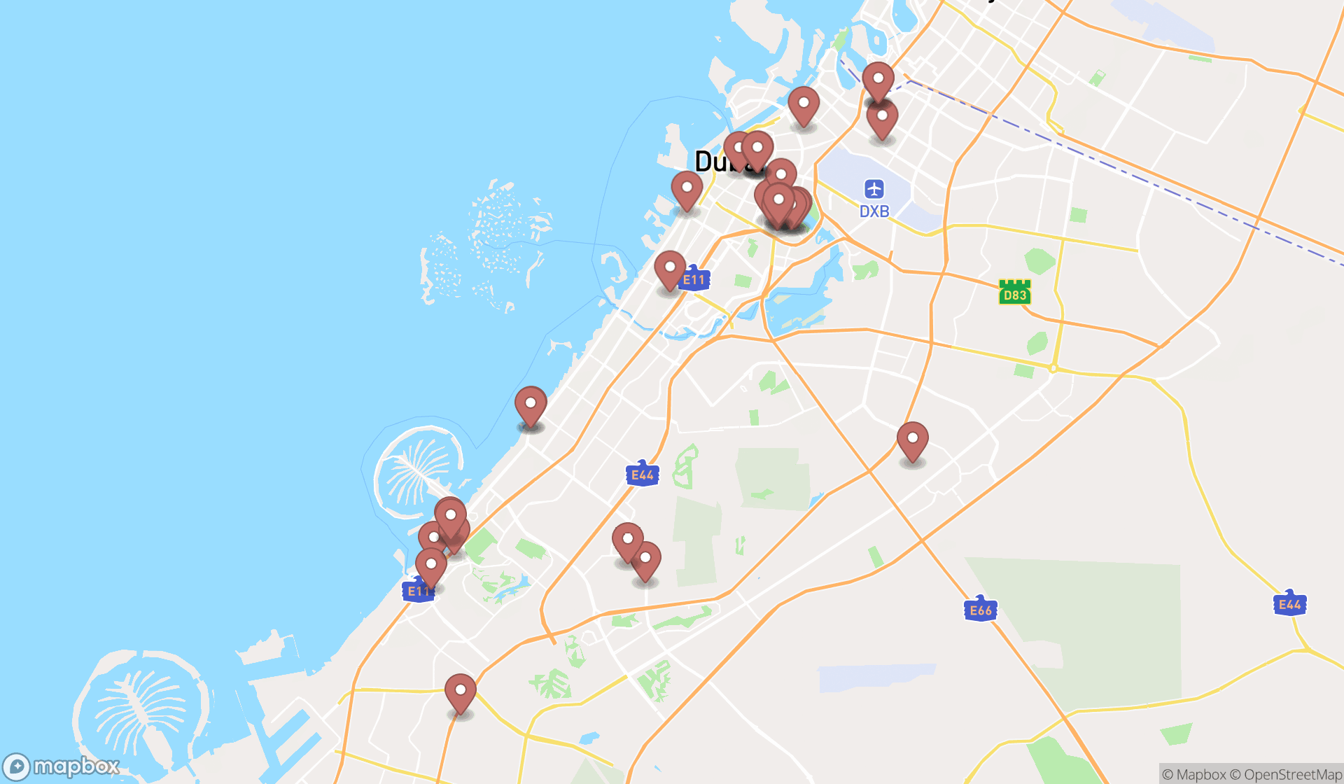 Map showing the search results in Dubai