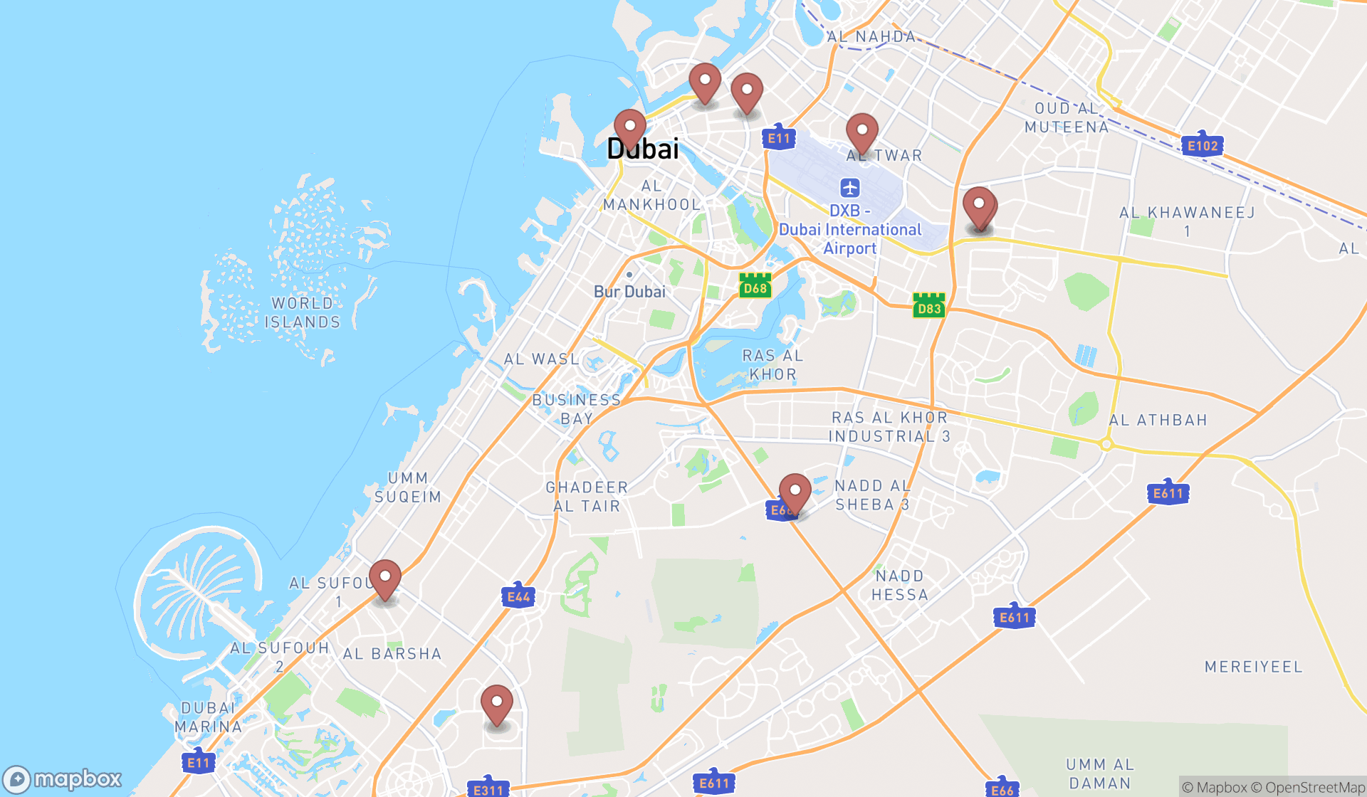 Map showing the search results in Dubai