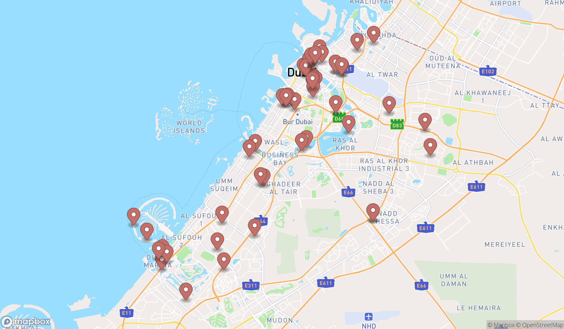 Map showing the search results in Dubai
