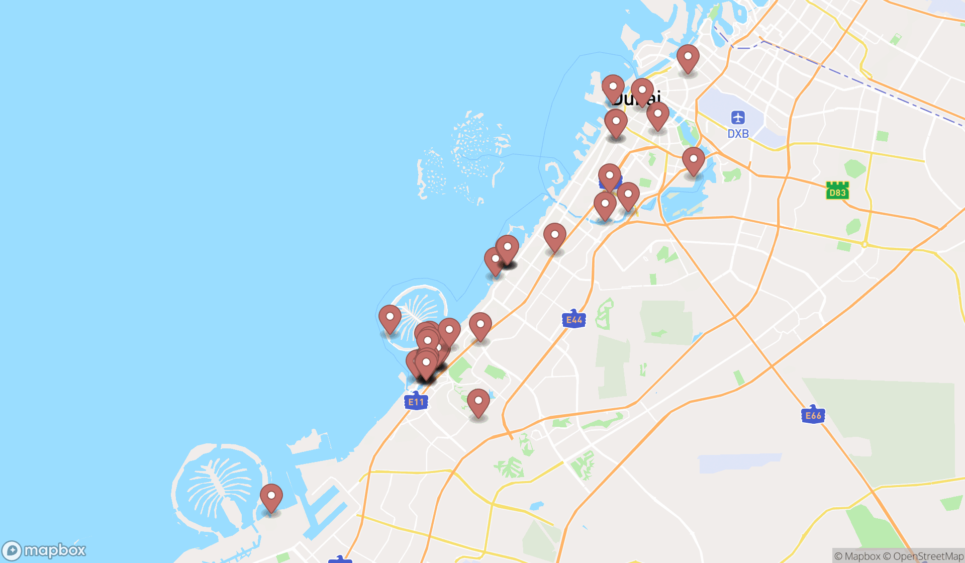 Map showing the search results in Dubai
