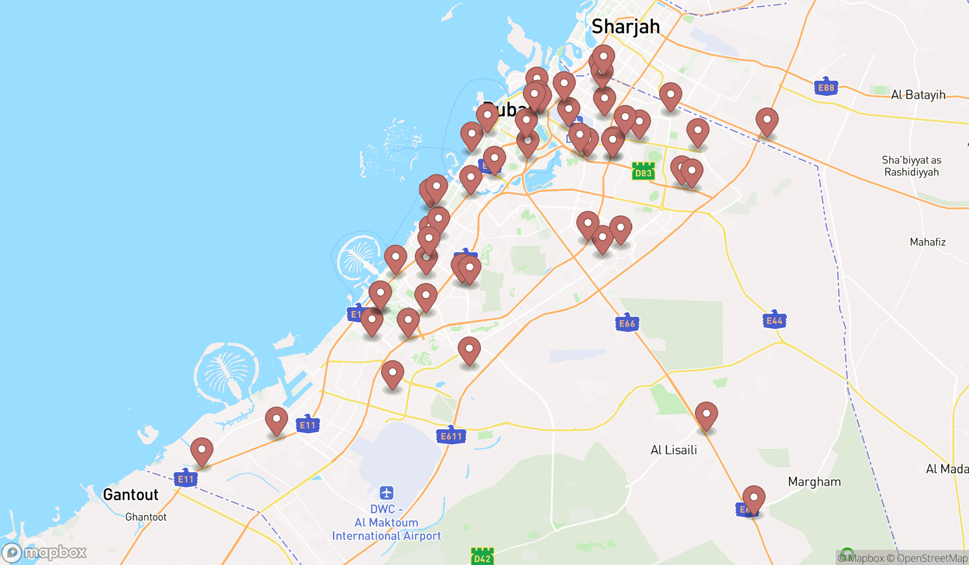 Map showing the search results in Dubai