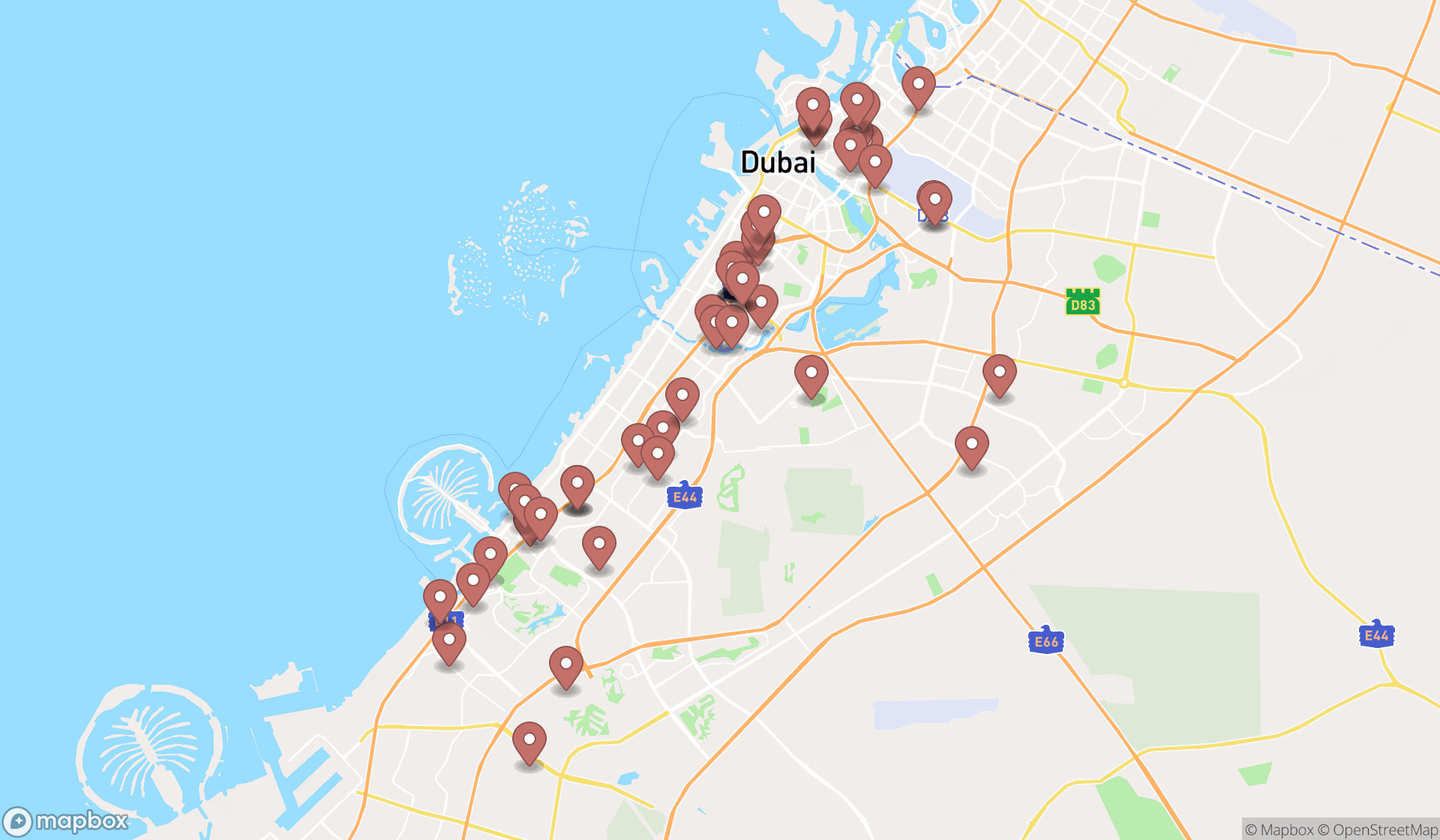 Map showing the search results in Dubai