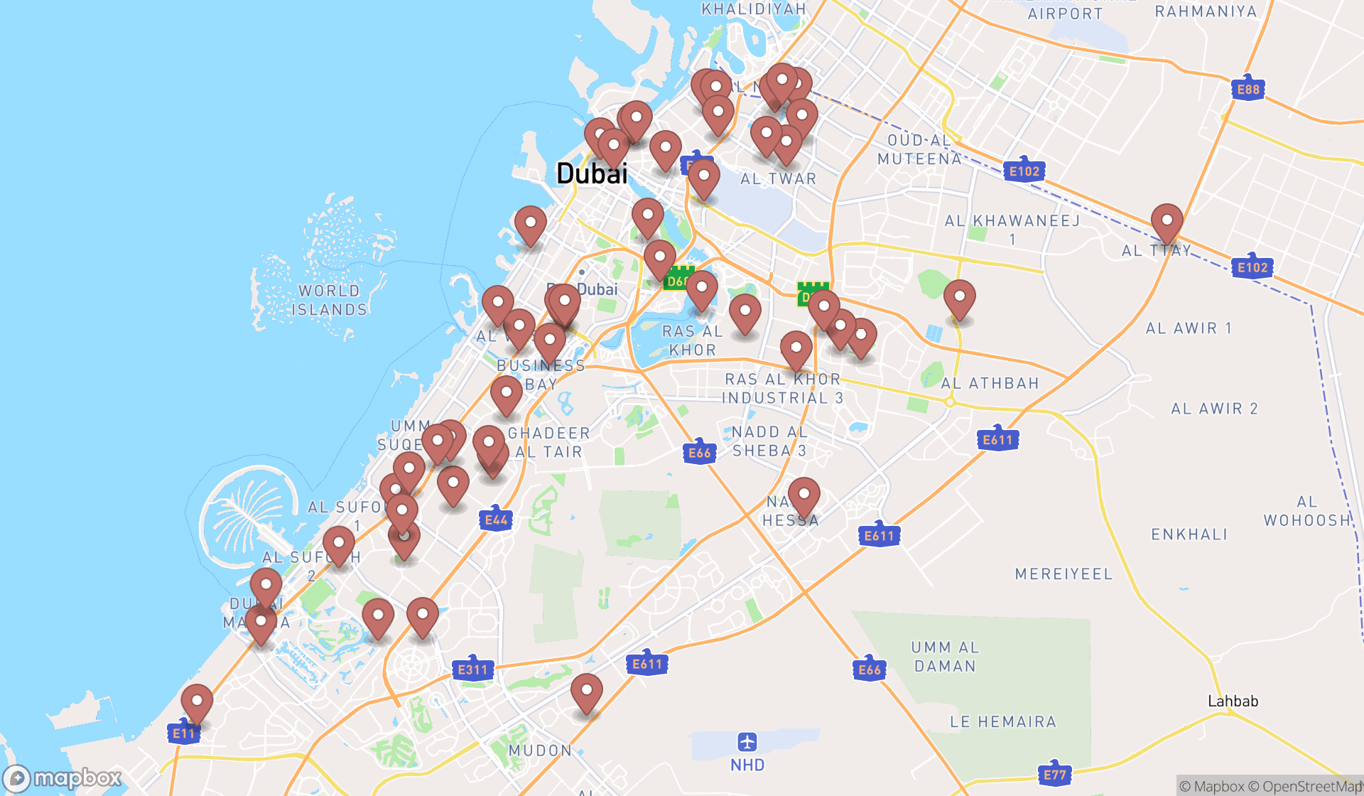 Map showing the search results in Dubai