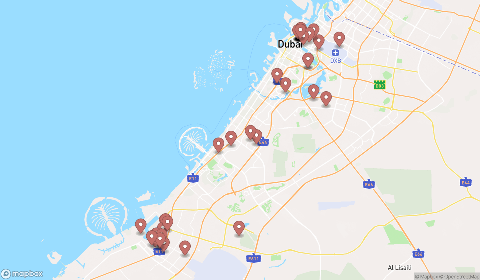 Map showing the search results in Dubai
