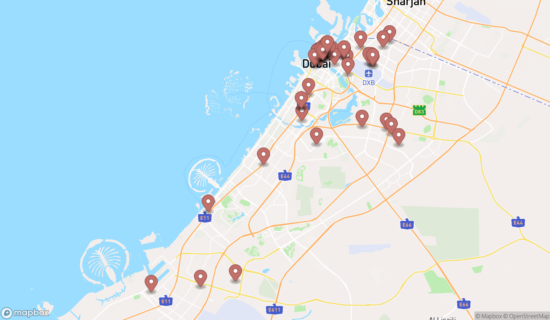 Map showing the search results in Dubai