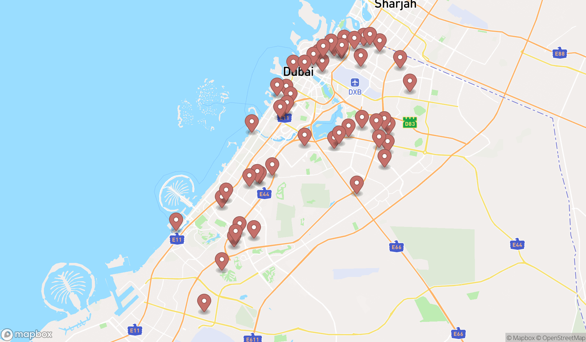 Map showing the search results in Dubai