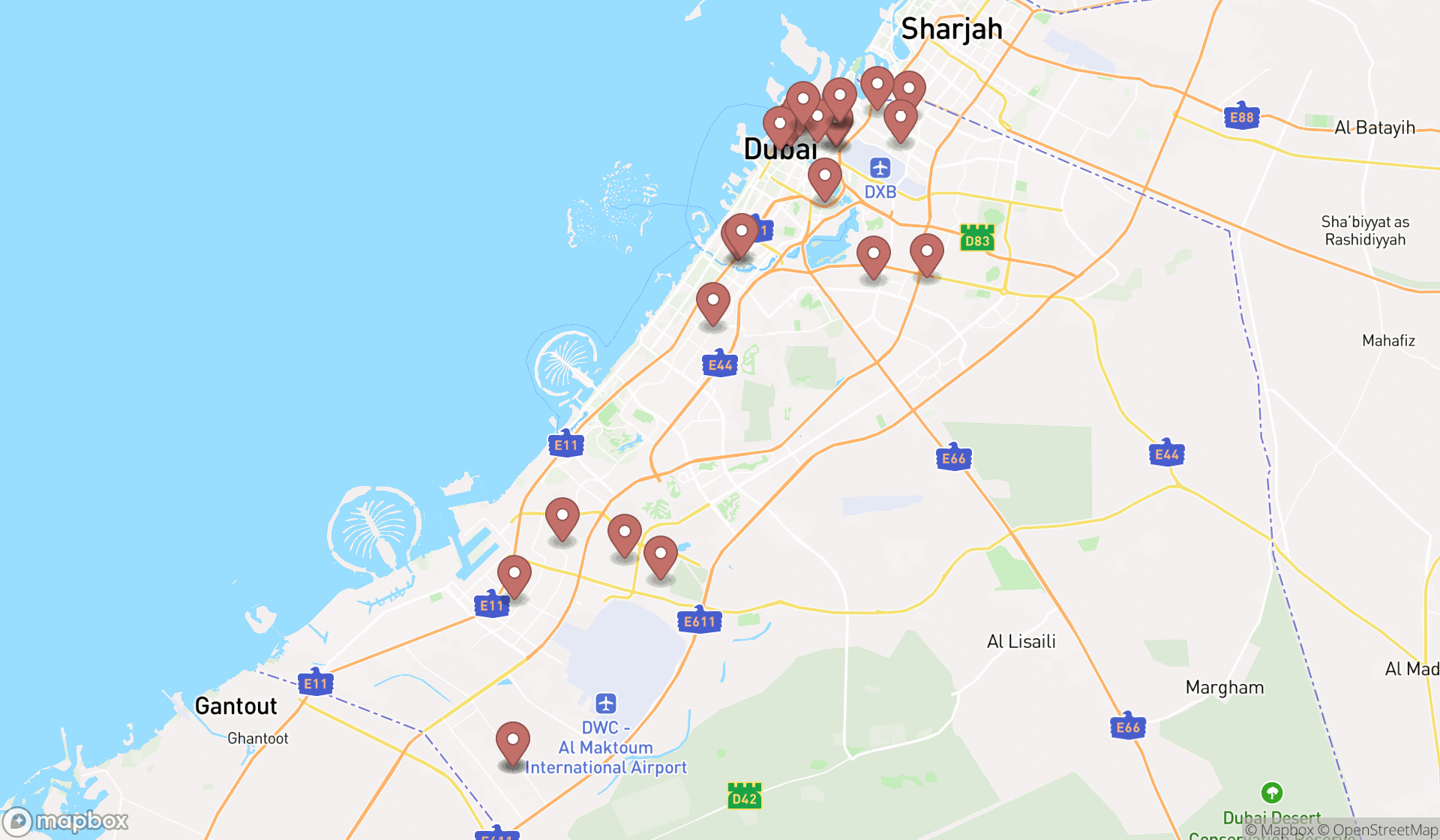 Map showing the search results in Dubai