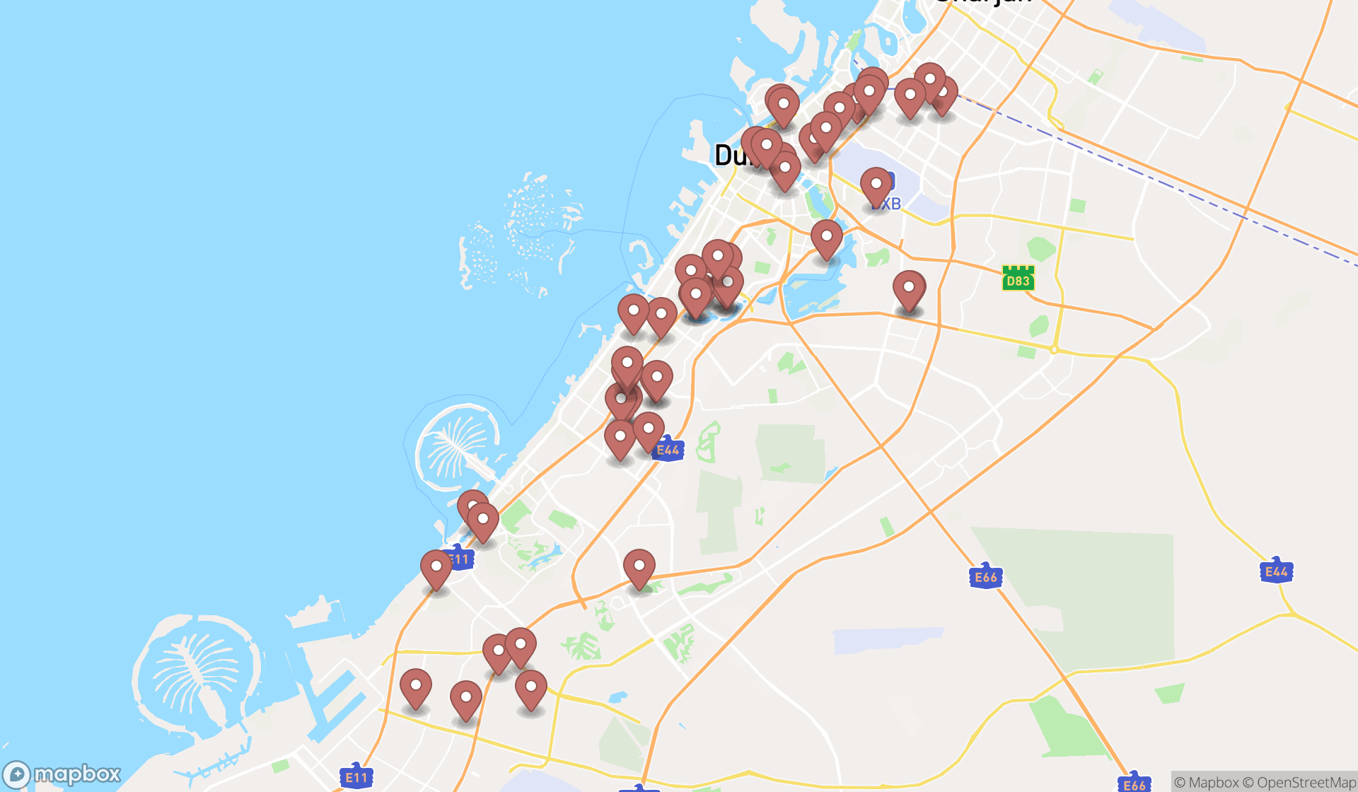 Map showing the search results in Dubai