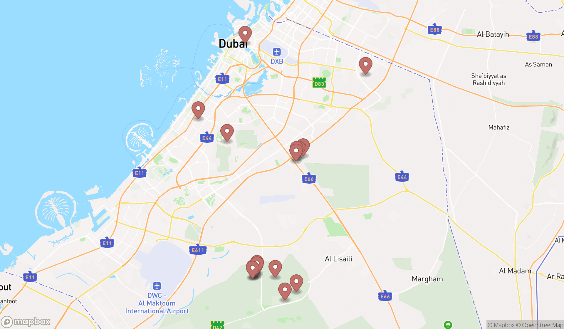 Map showing the search results in Dubai