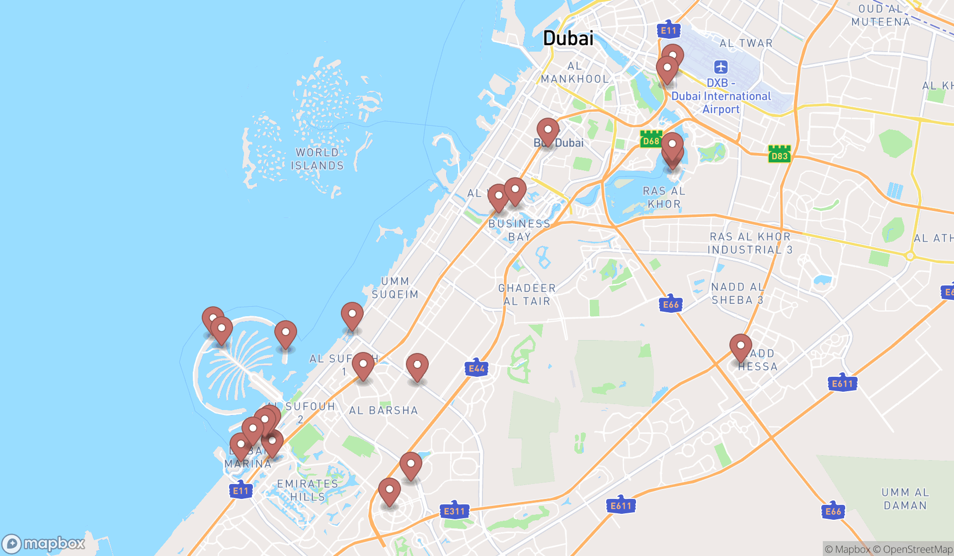 Map showing the search results in Dubai
