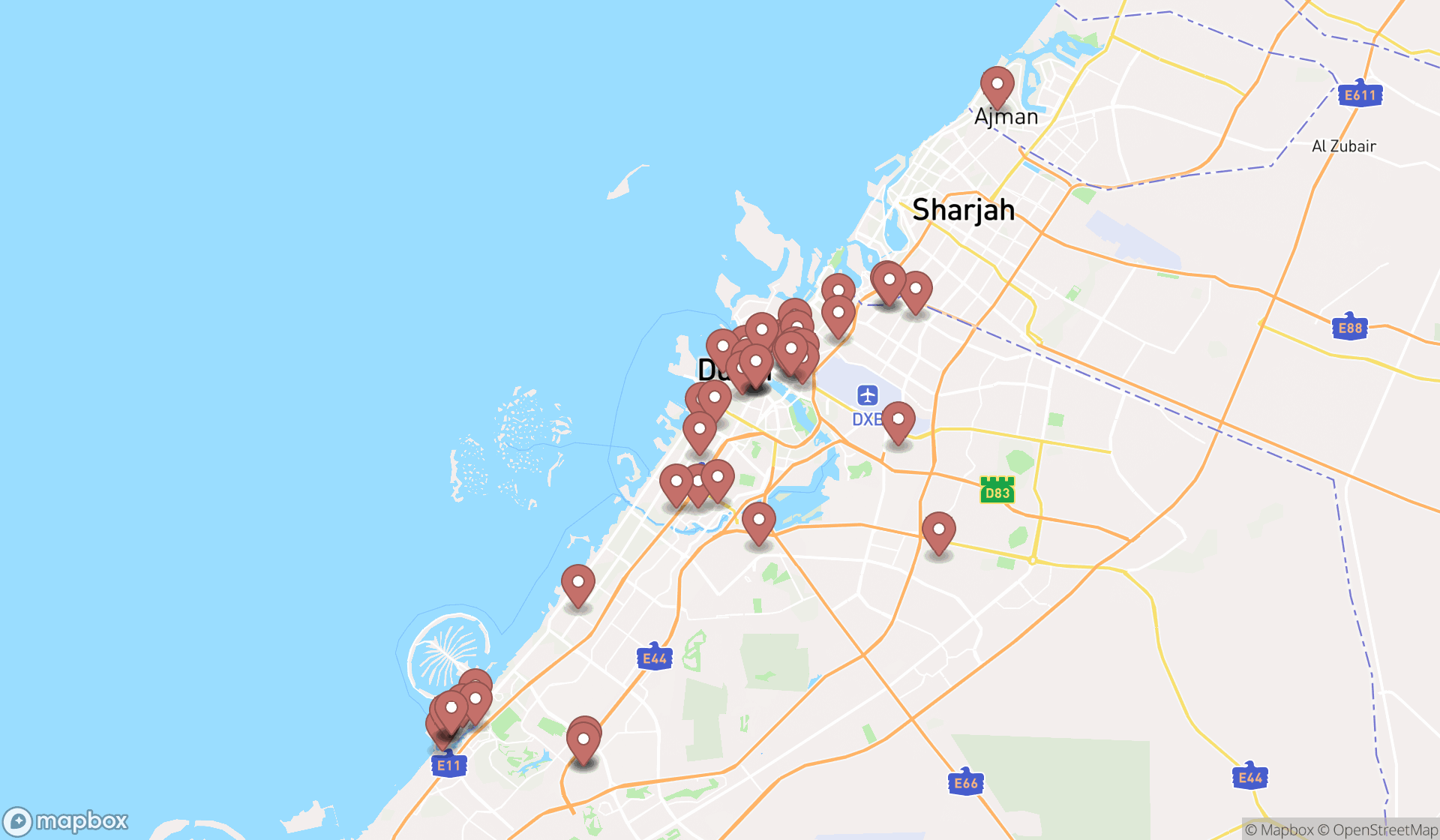 Map showing the search results in Dubai