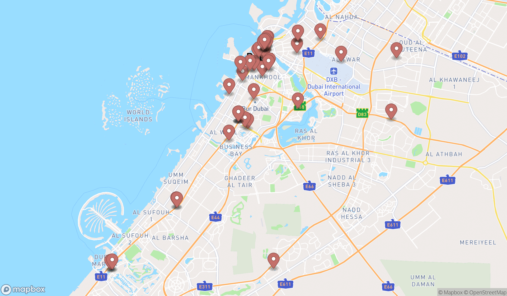 Map showing the search results in Dubai