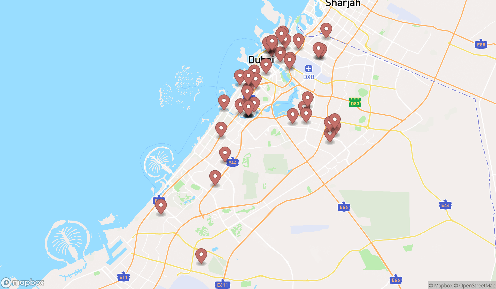 Map showing the search results in Dubai