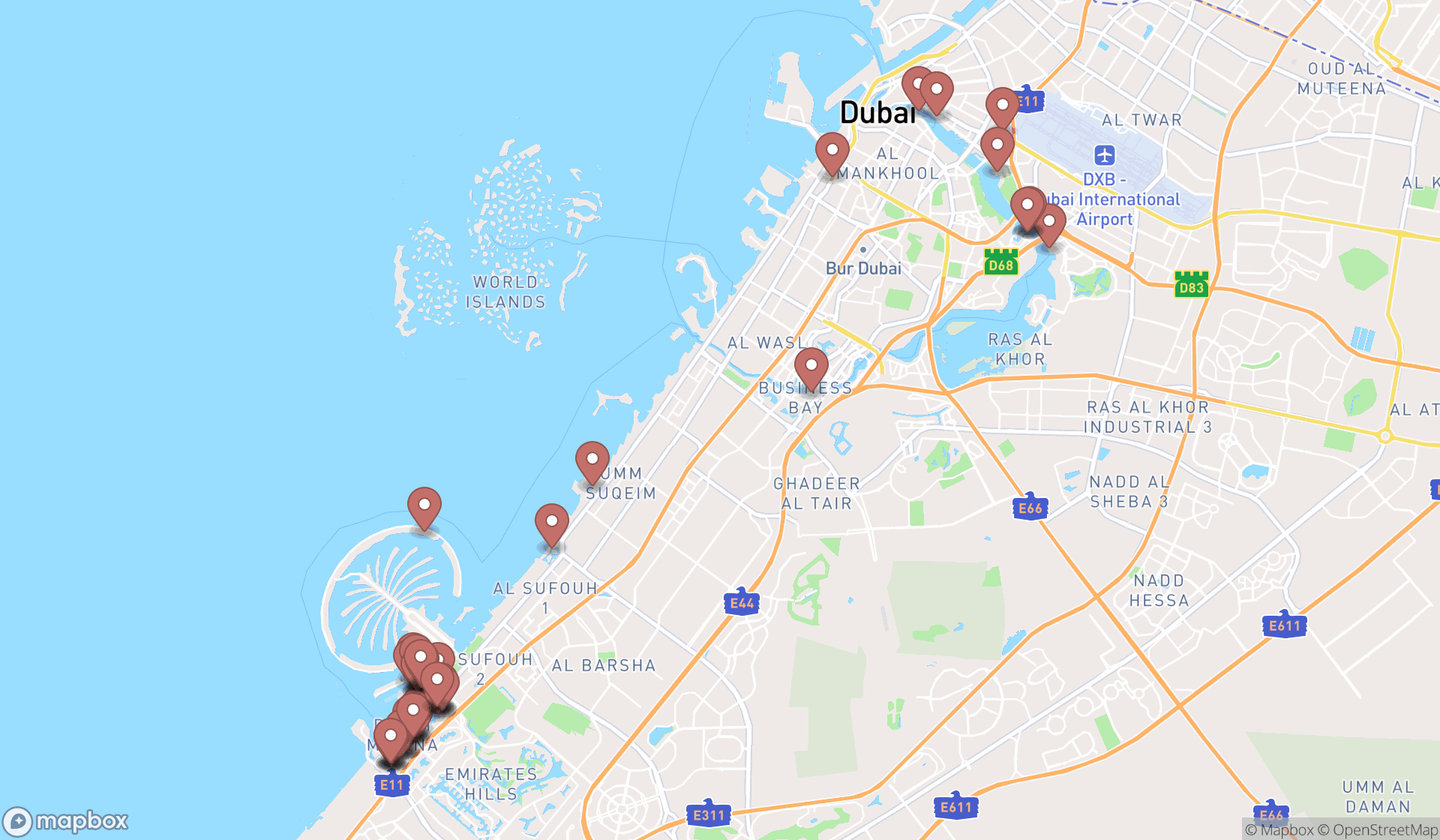 Map showing the search results in Dubai