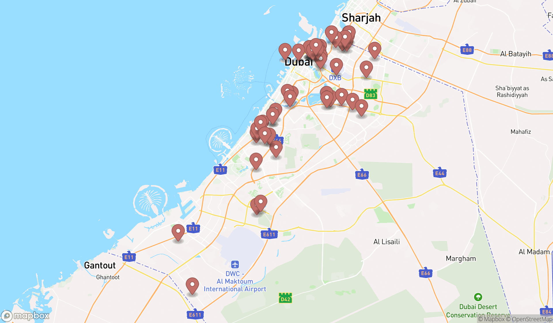 Map showing the search results in Dubai