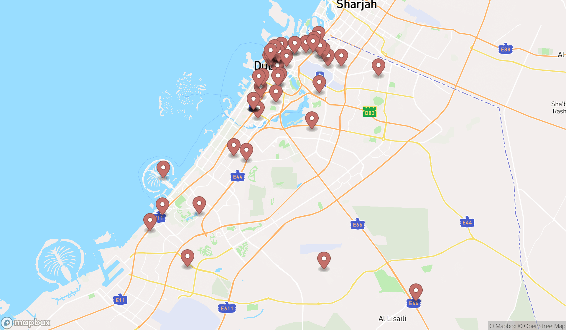 Map showing the search results in Dubai