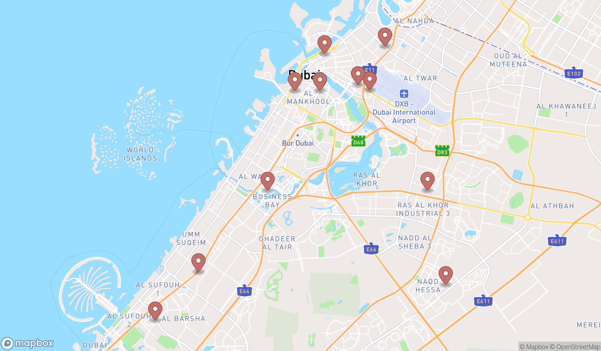 Map showing the search results in Dubai