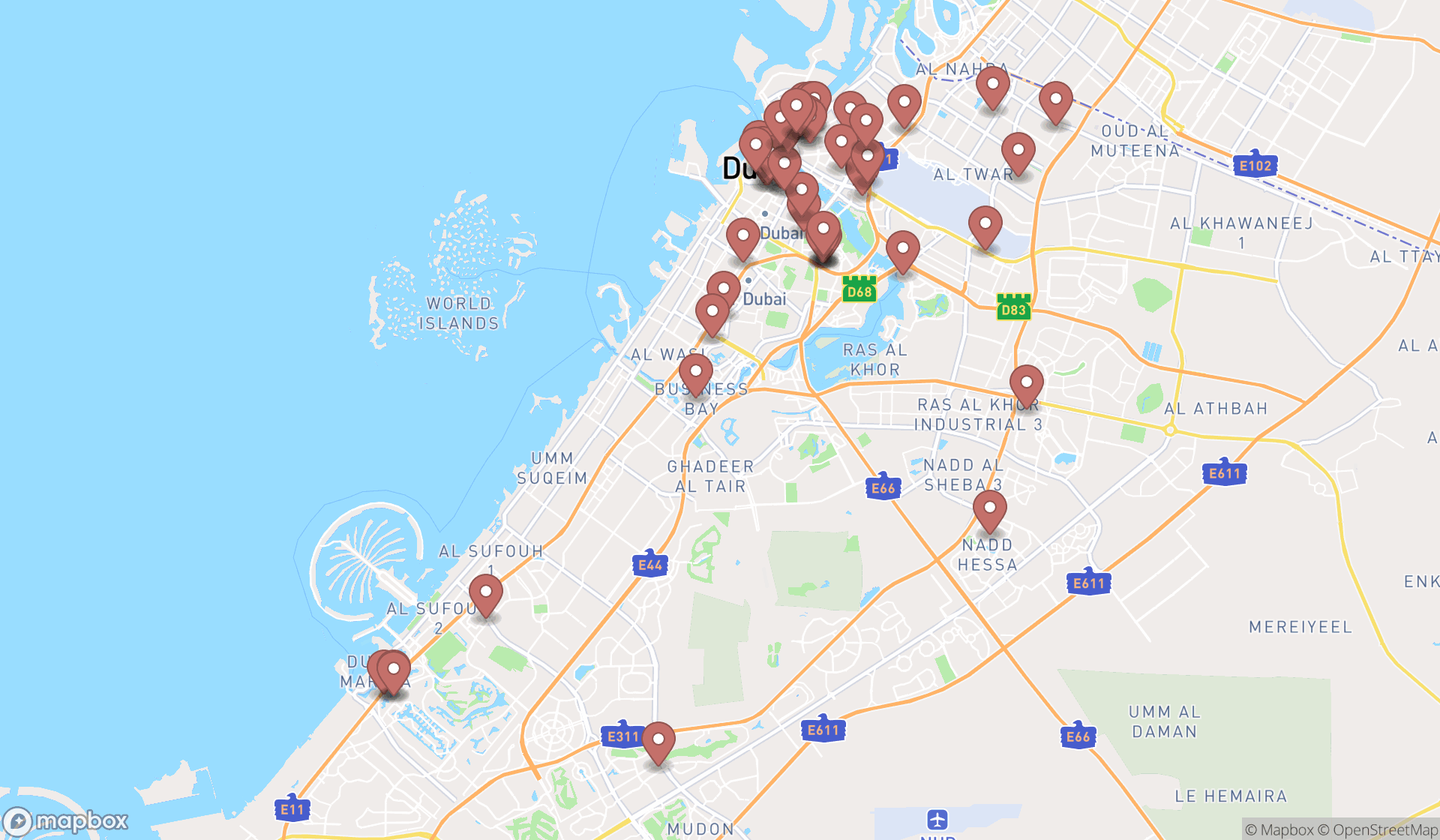 Map showing the search results in Dubai