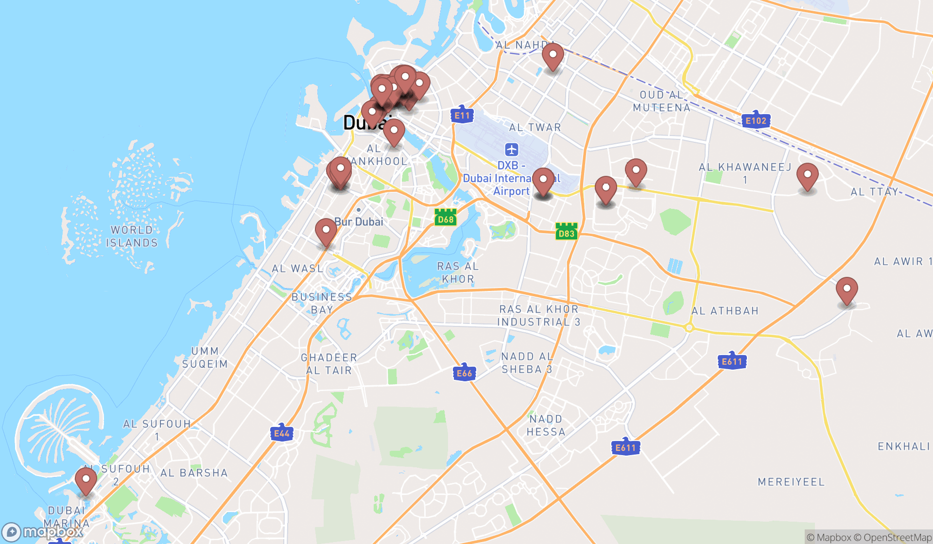 Map showing the search results in Dubai