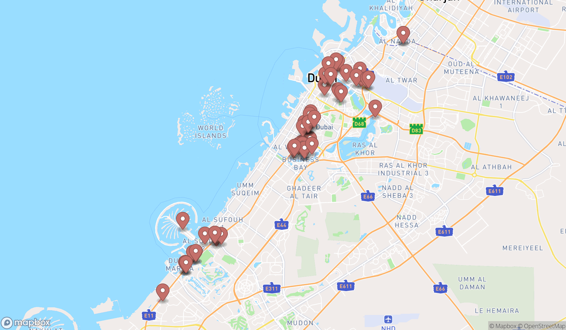 Map showing the search results in Dubai