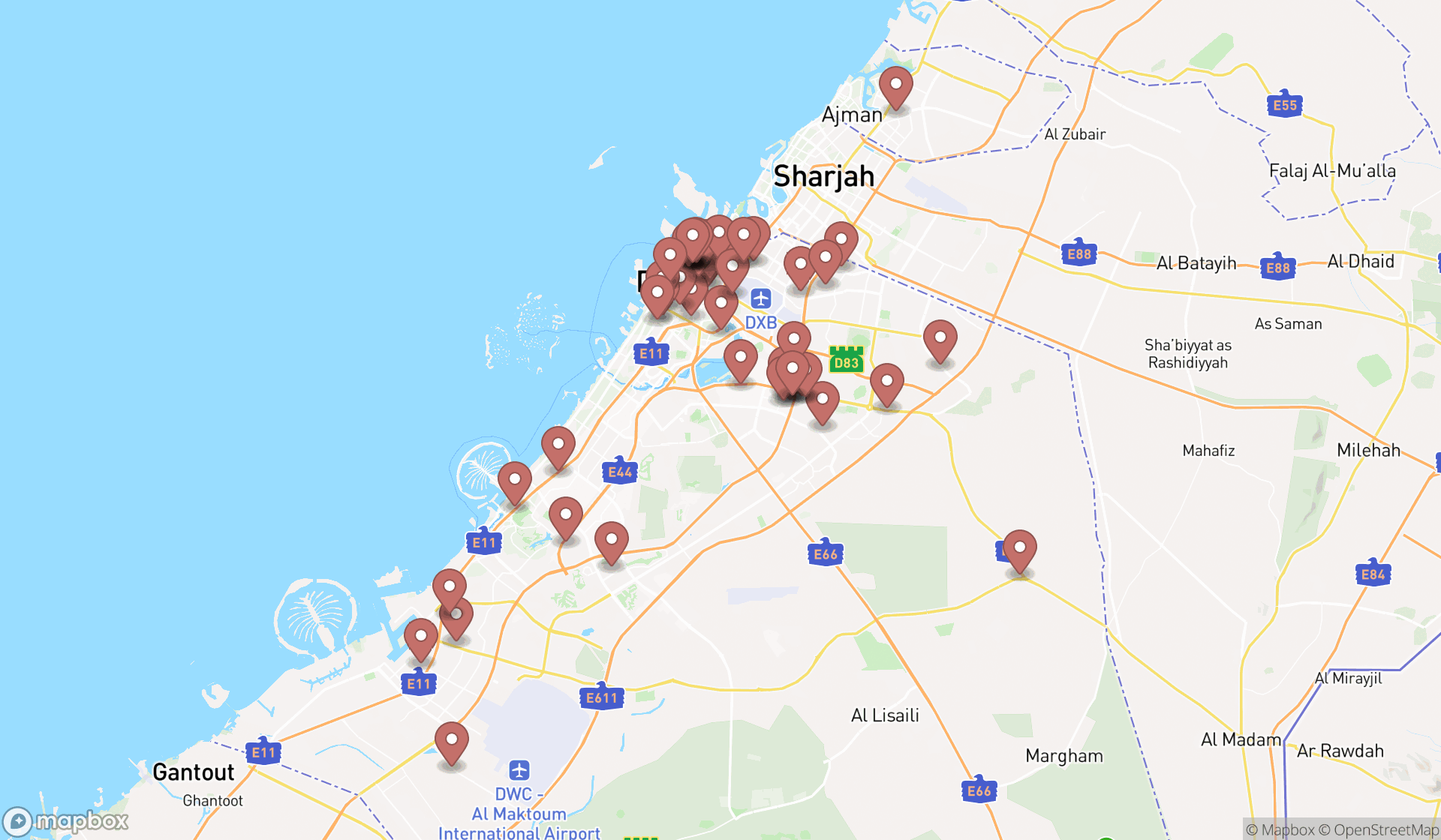 Map showing the search results in Dubai