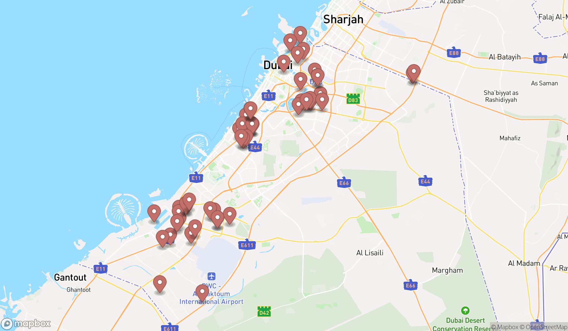 Map showing the search results in Dubai