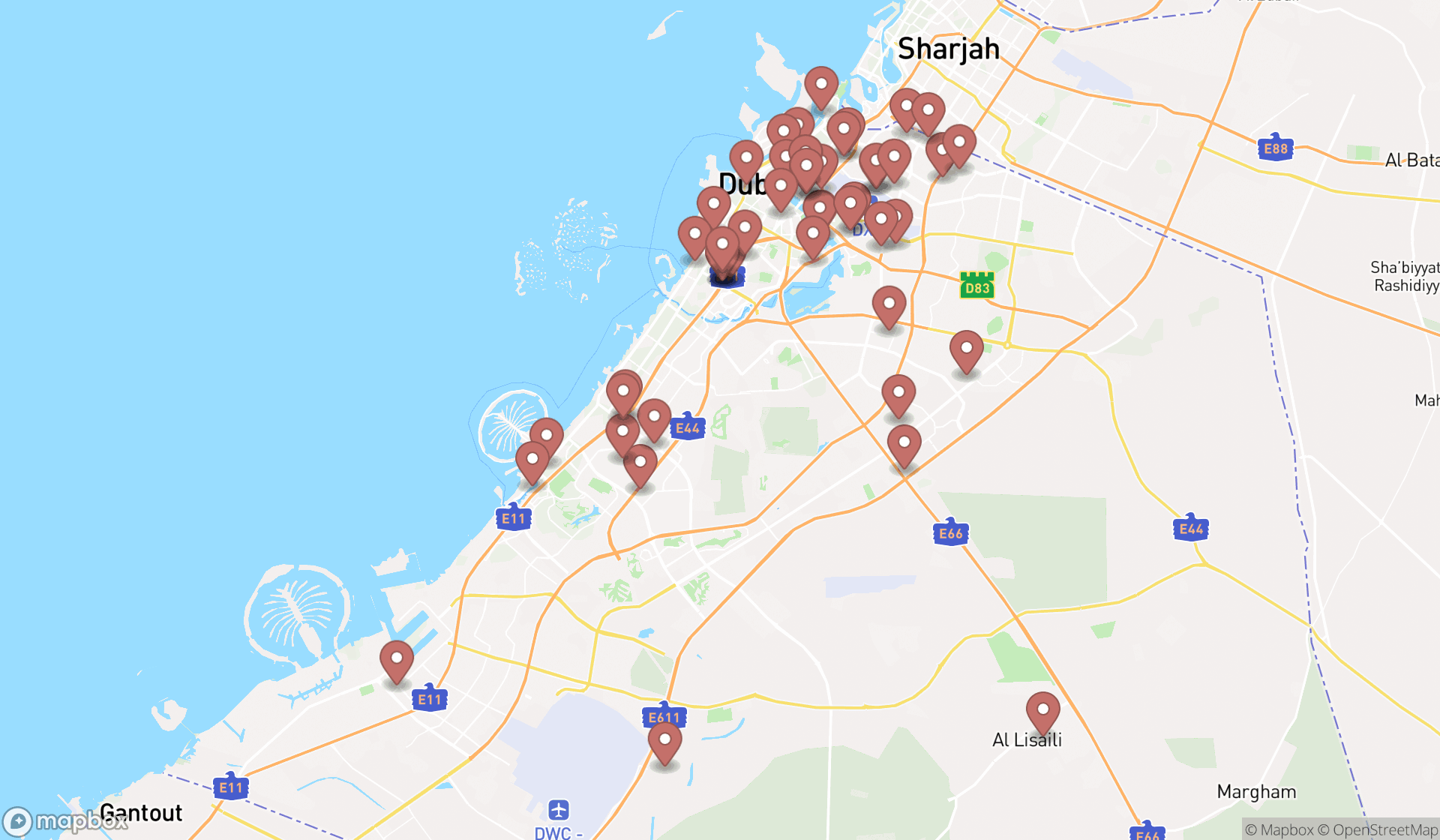 Map showing the search results in Dubai