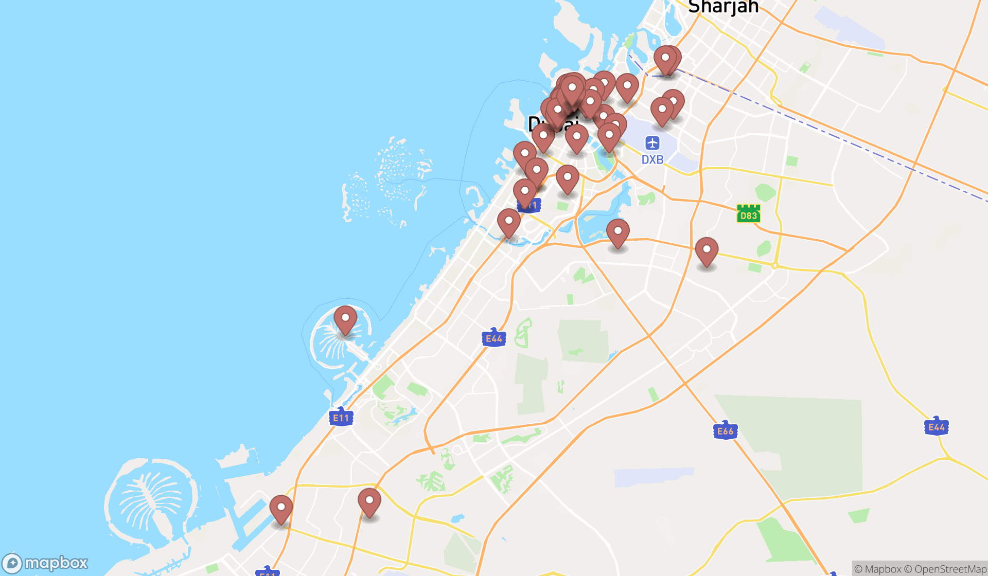 Map showing the search results in Dubai