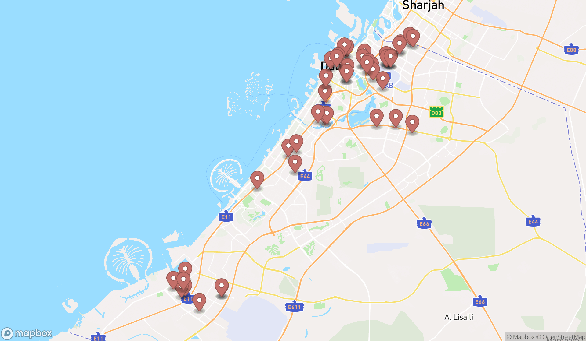 Map showing the search results in Dubai