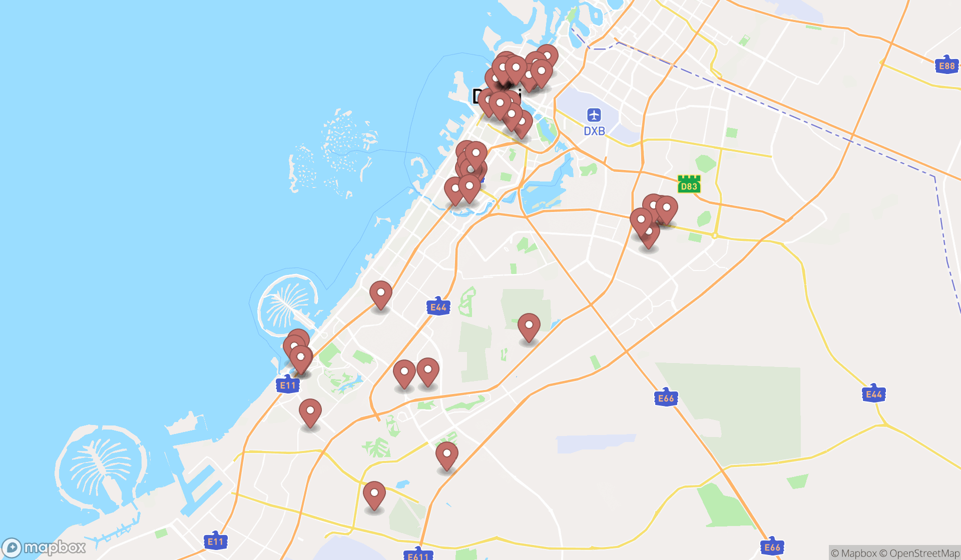 Map showing the search results in Dubai