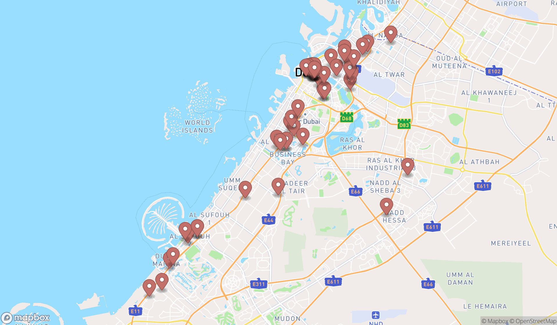 Map showing the search results in Dubai
