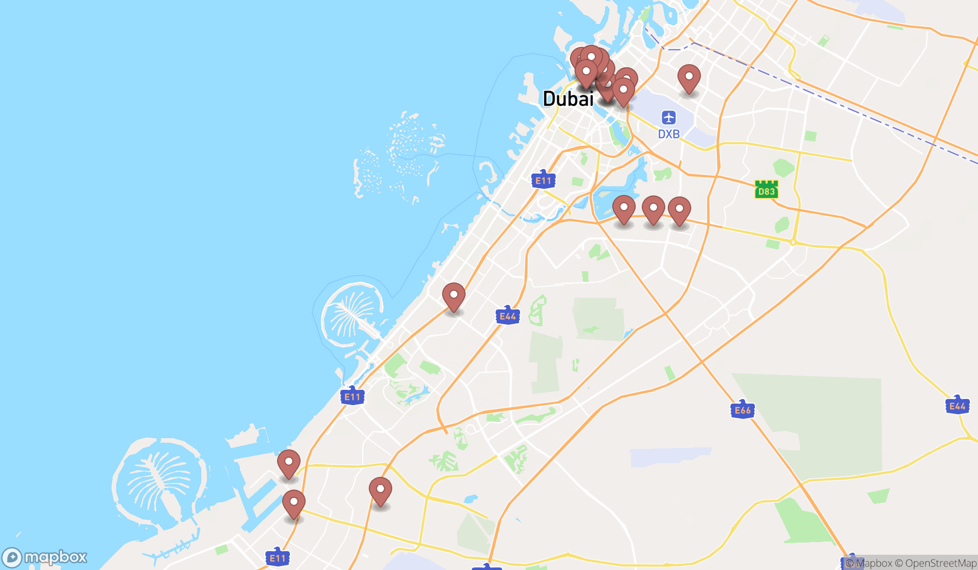 Map showing the search results in Dubai