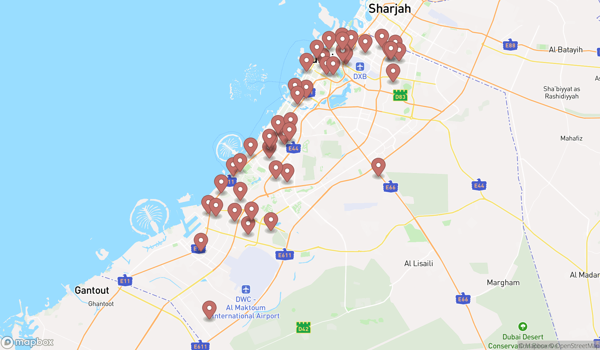 Map showing the search results in Dubai