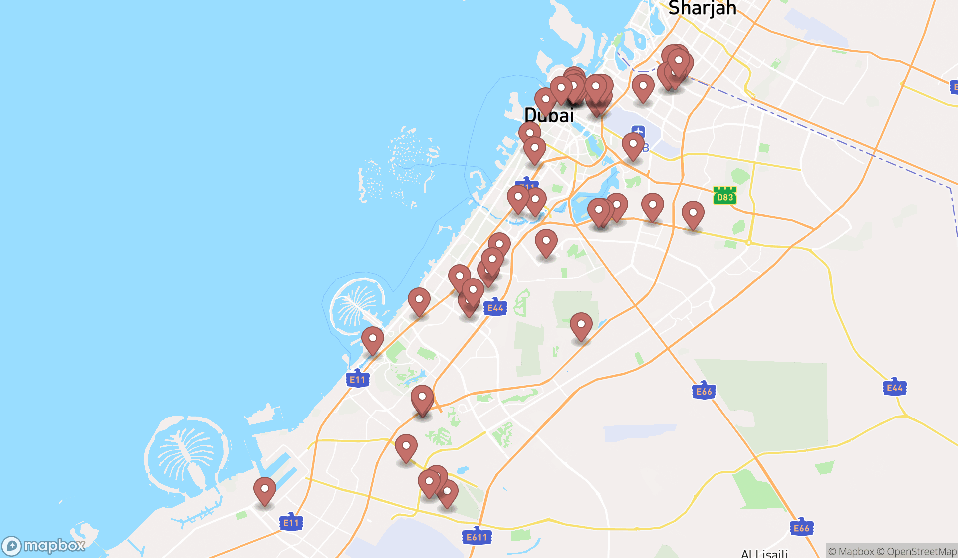 Map showing the search results in Dubai