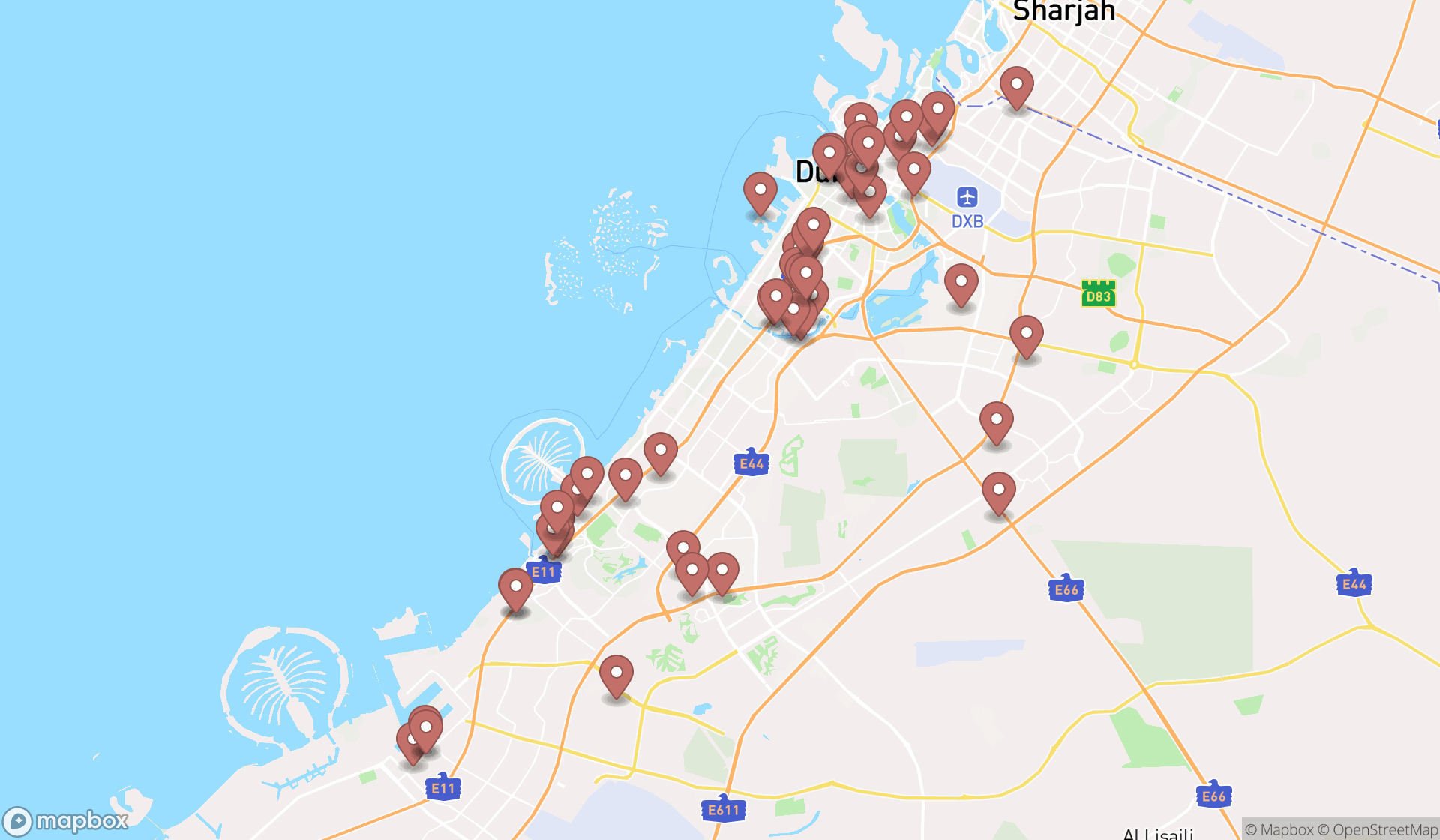 Map showing the search results in Dubai