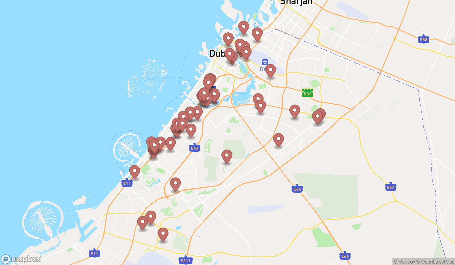 Map showing the search results in Dubai