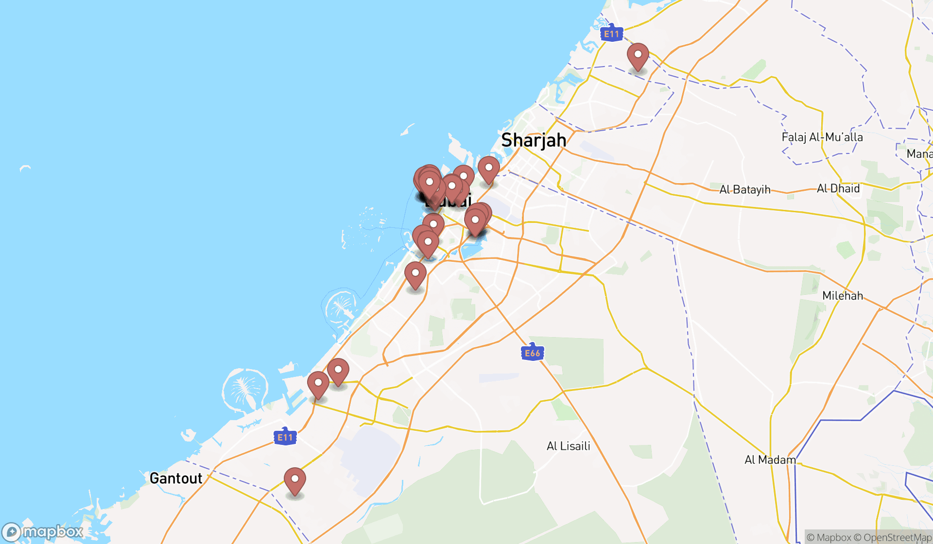Map showing the search results in Dubai