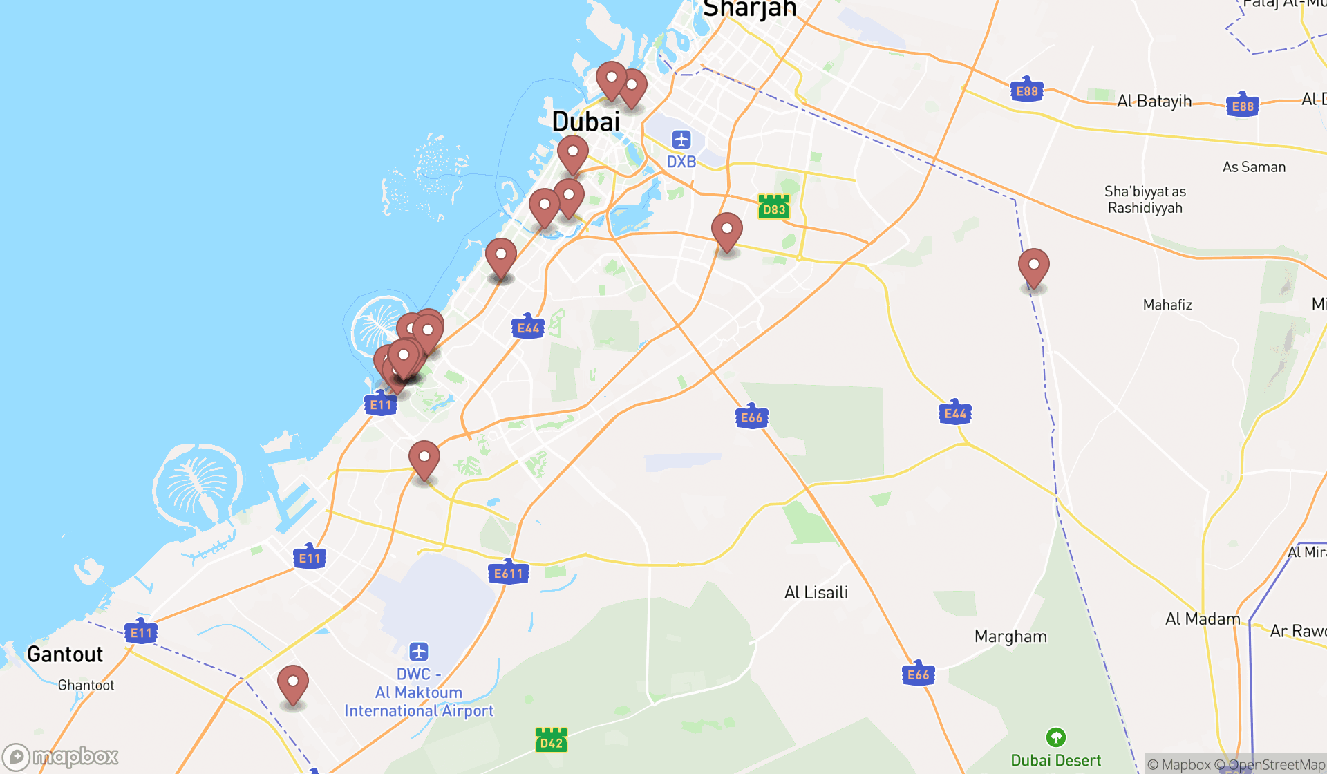 Map showing the search results in Dubai