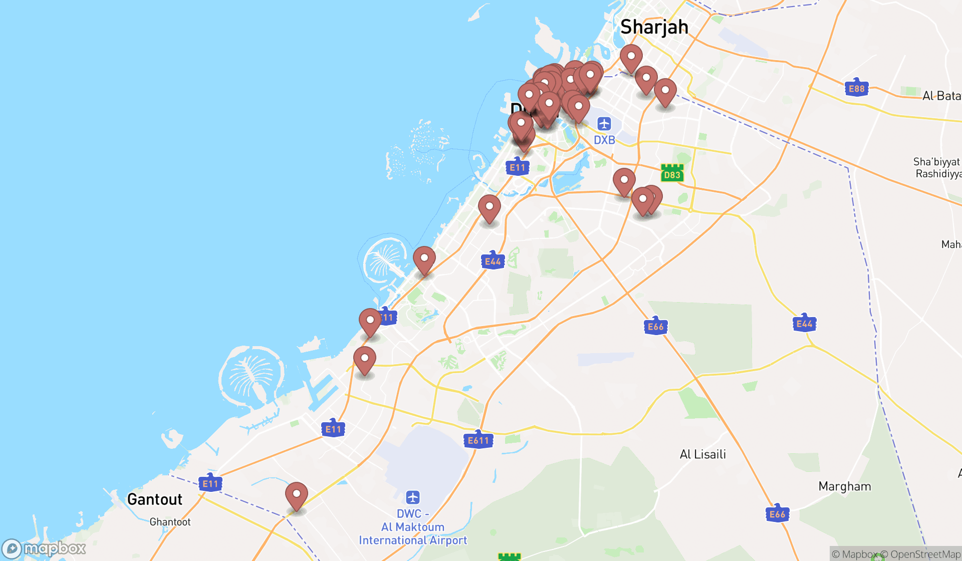 Map showing the search results in Dubai