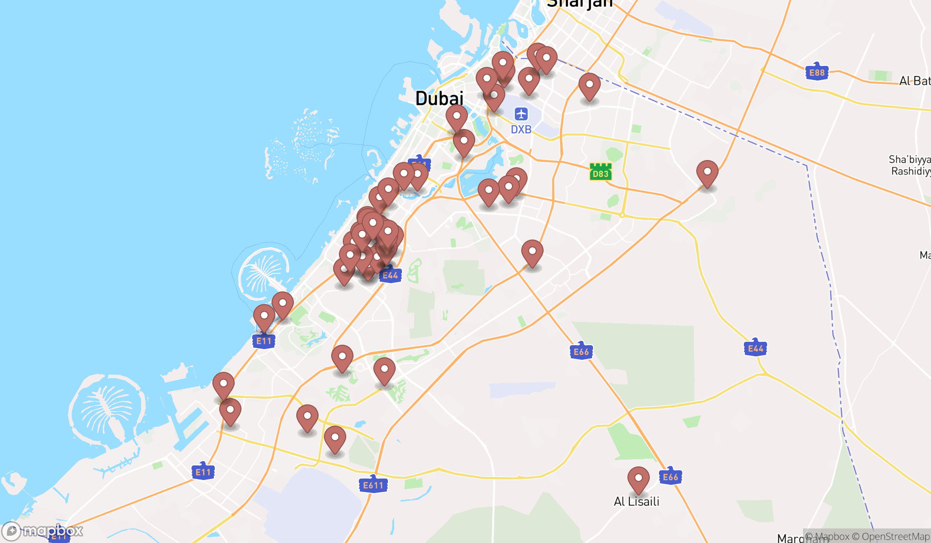 Map showing the search results in Dubai