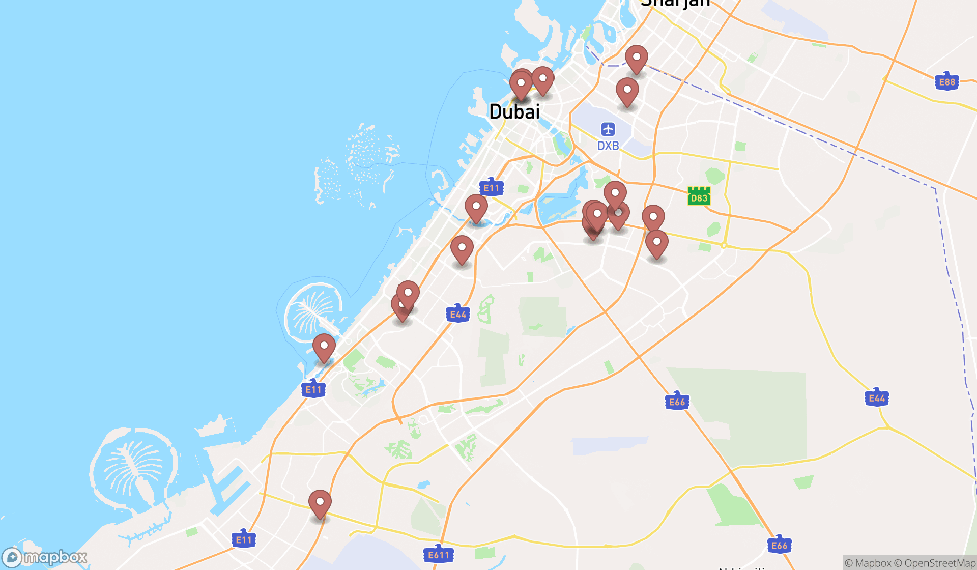 Map showing the search results in Dubai