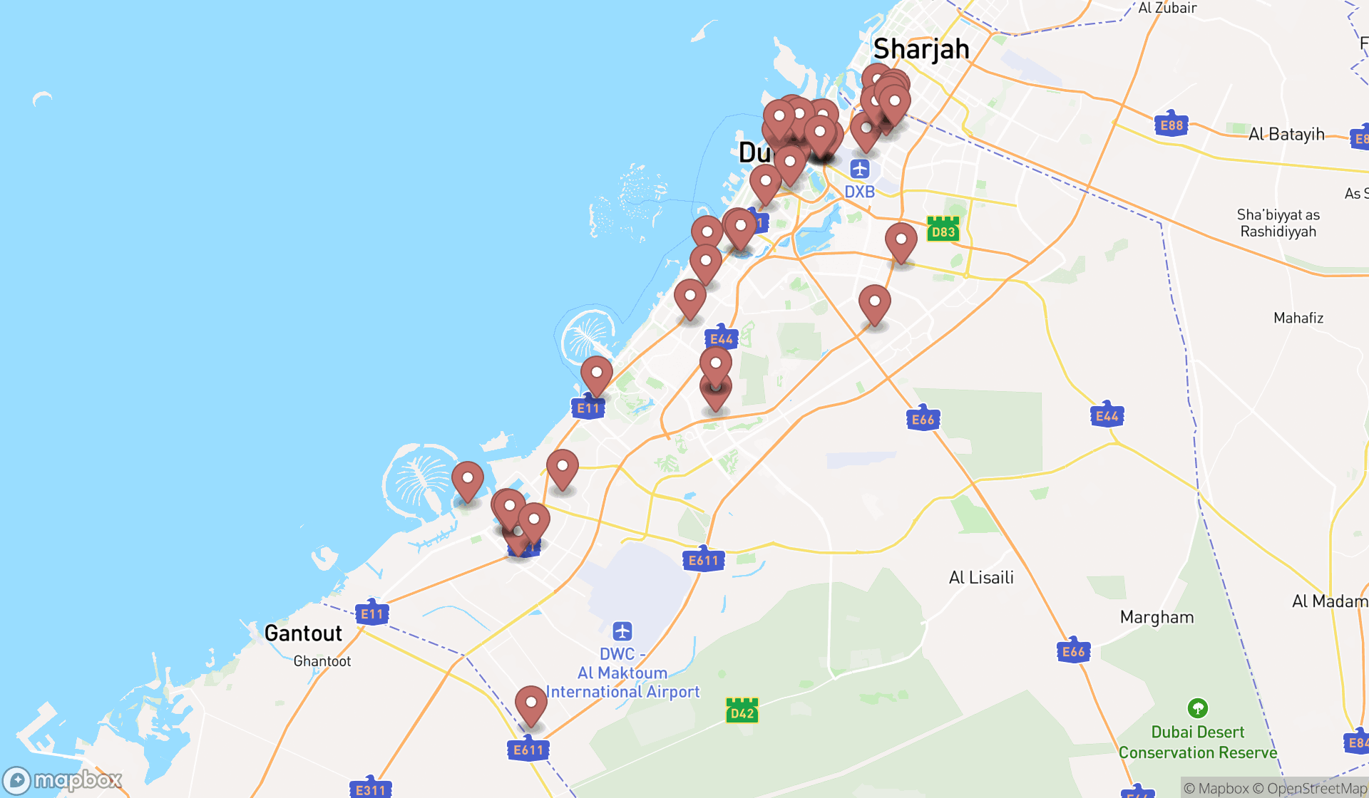 Map showing the search results in Dubai
