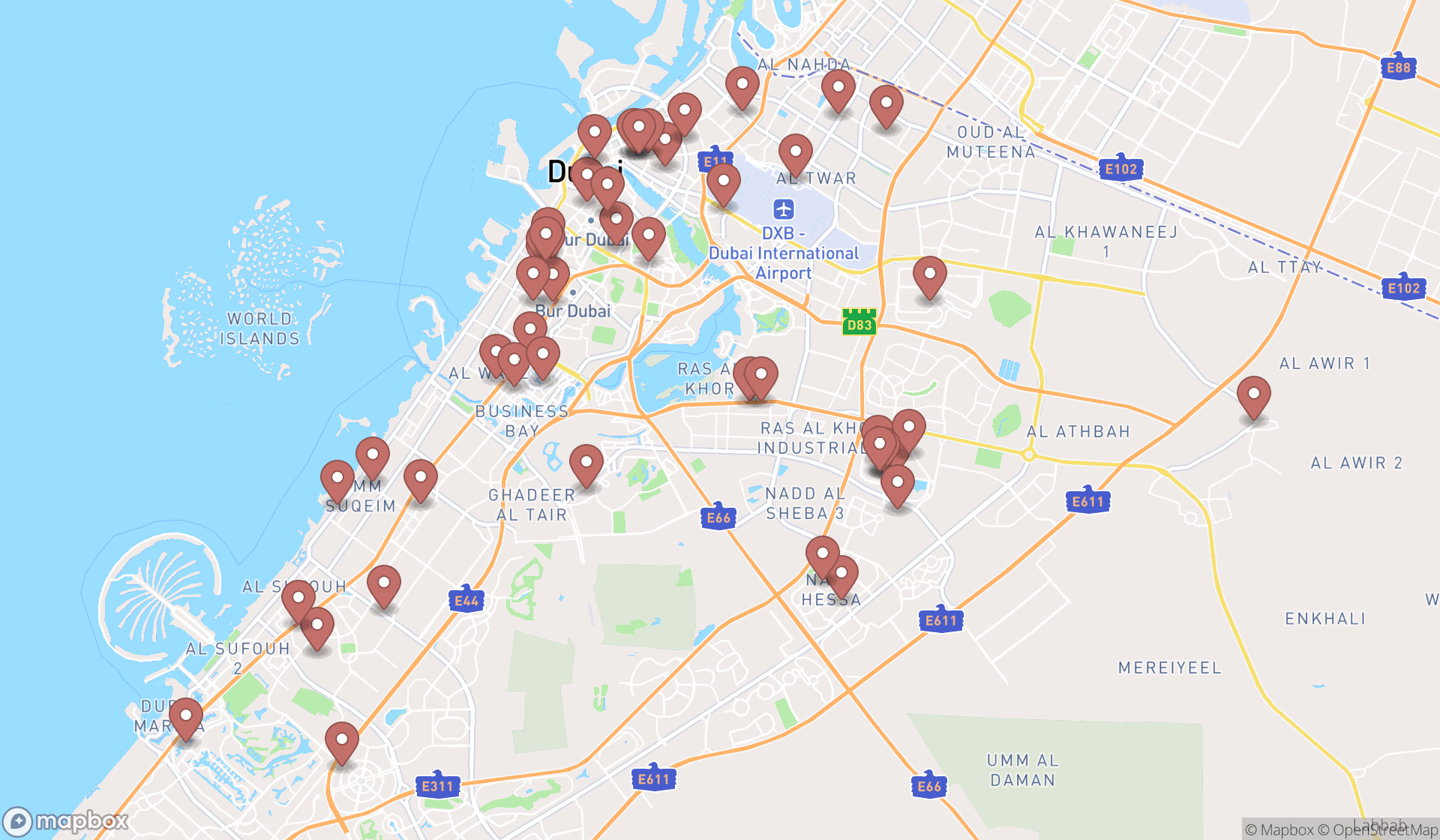 Map showing the search results in Dubai