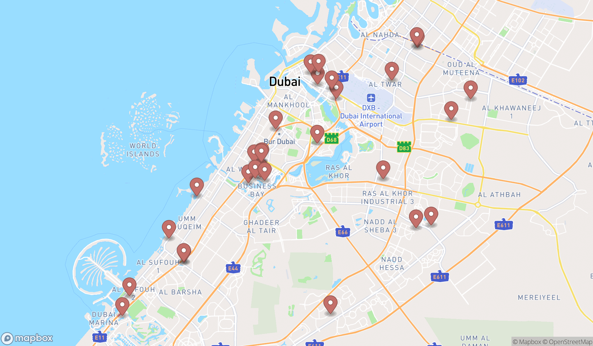 Map showing the search results in Dubai