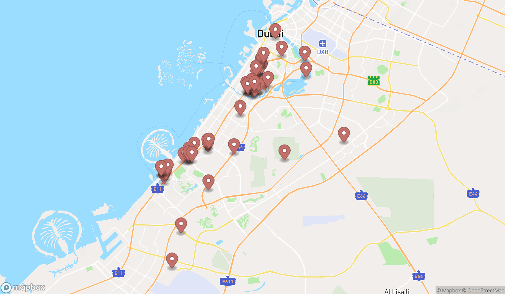 Map showing the search results in Dubai