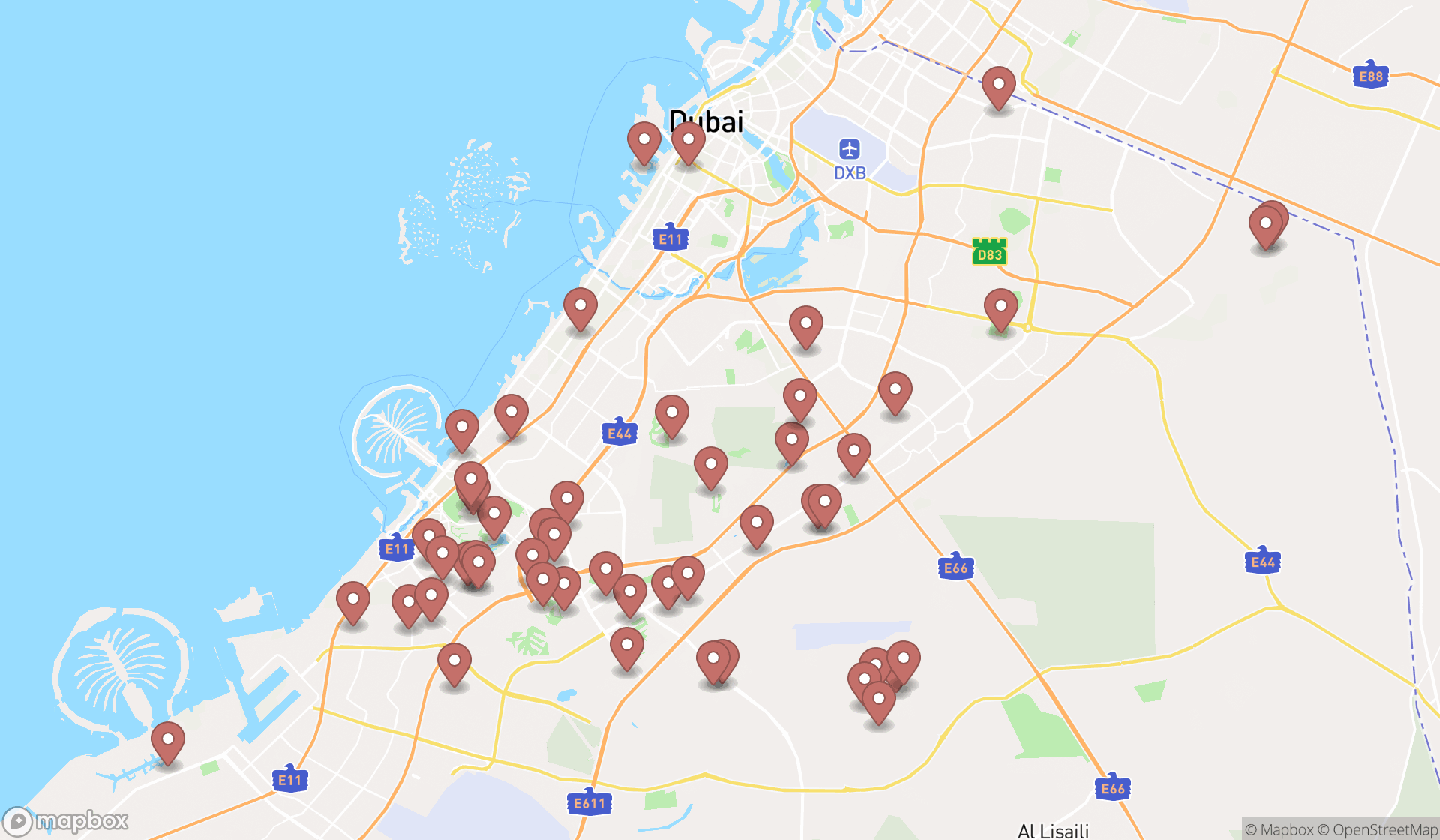 Map showing the search results in Dubai