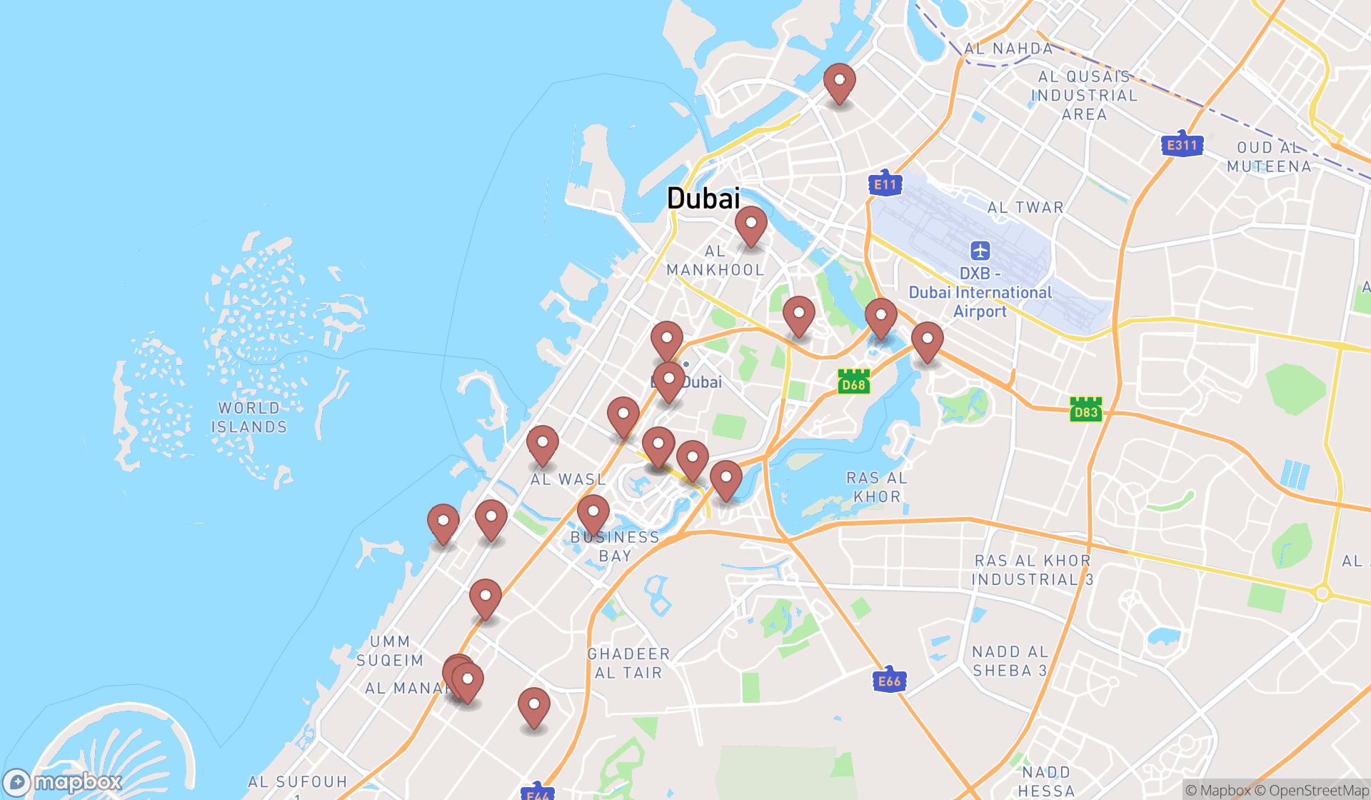 Map showing the search results in Dubai