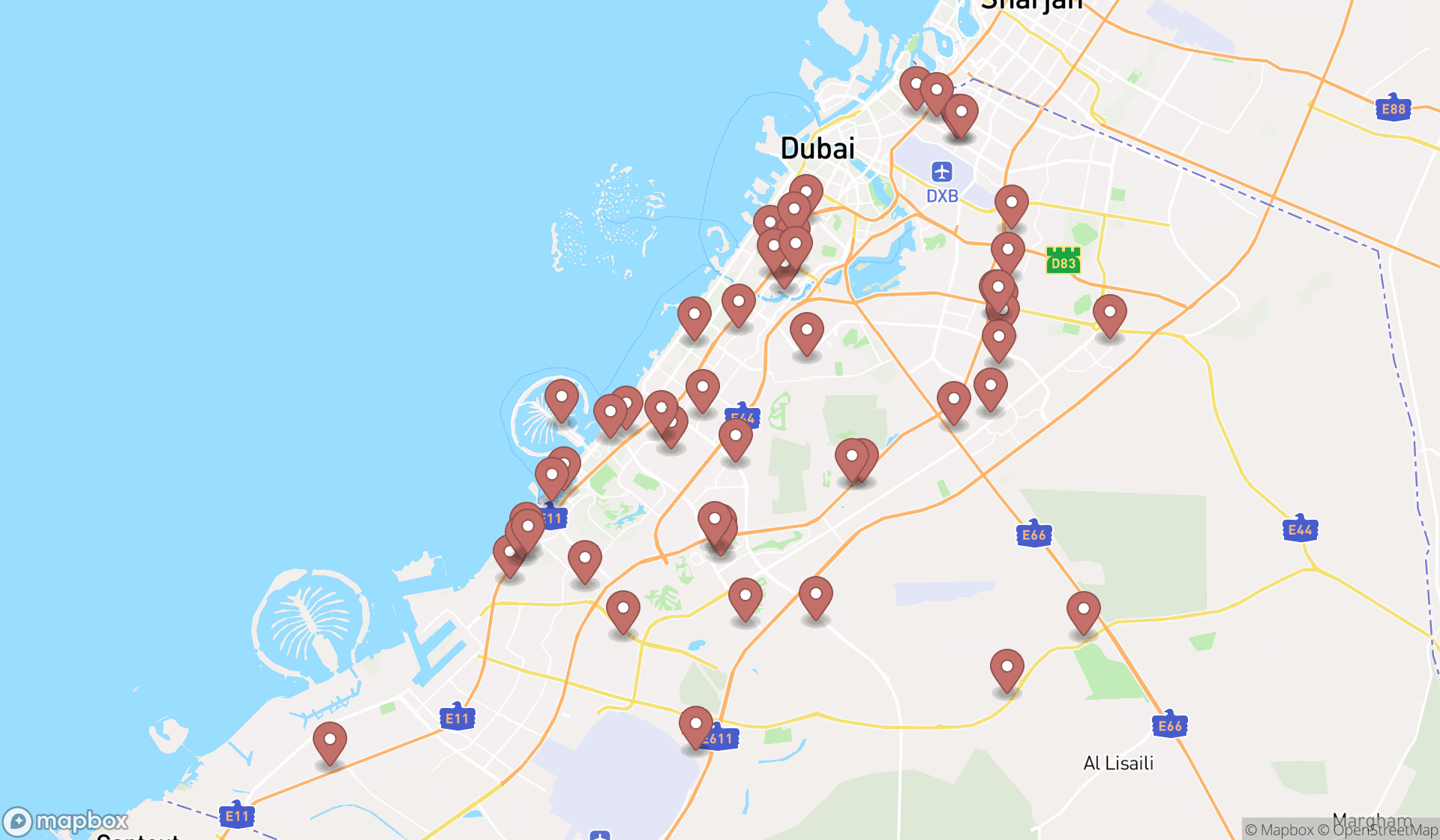 Map showing the search results in Dubai