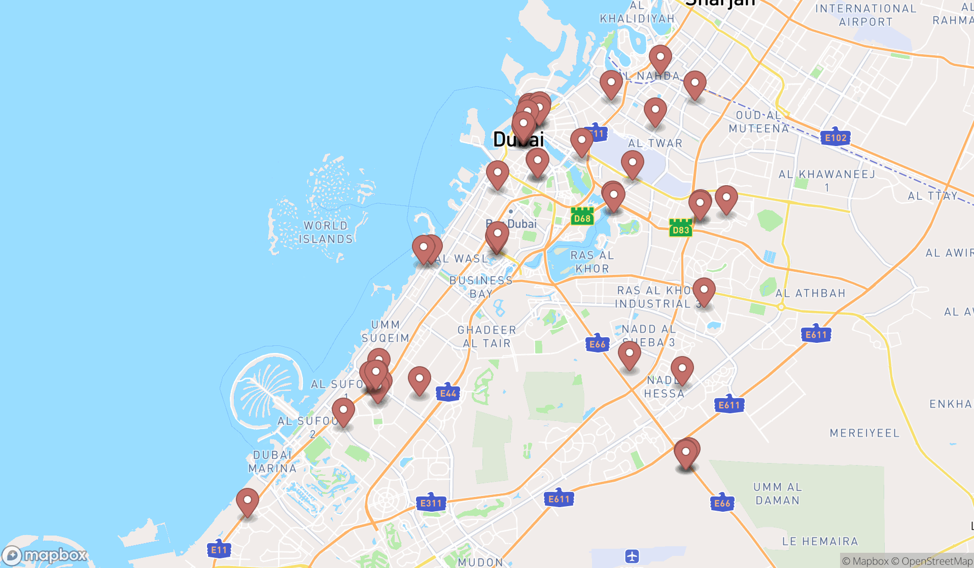 Map showing the search results in Dubai