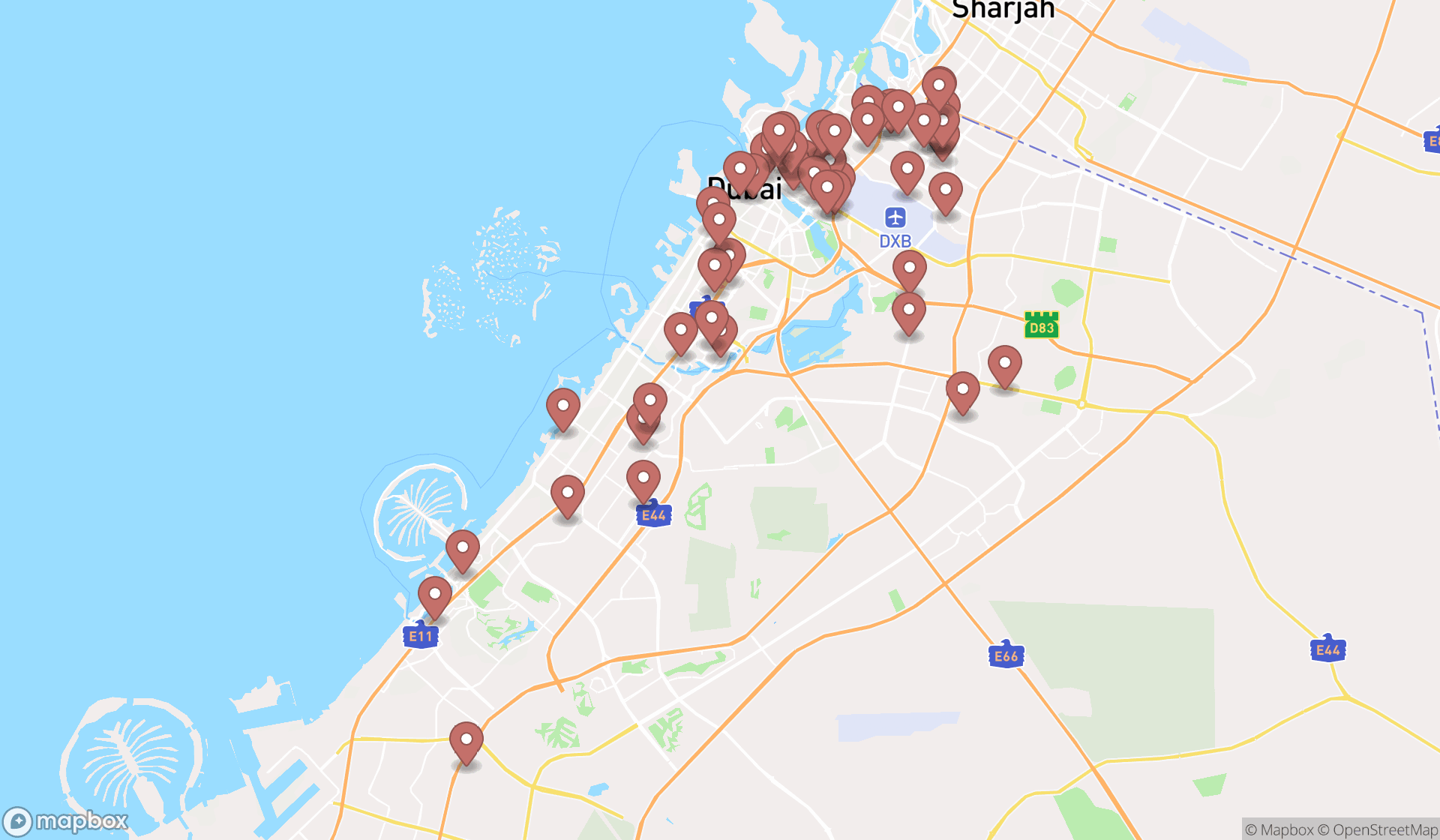 Map showing the search results in Dubai